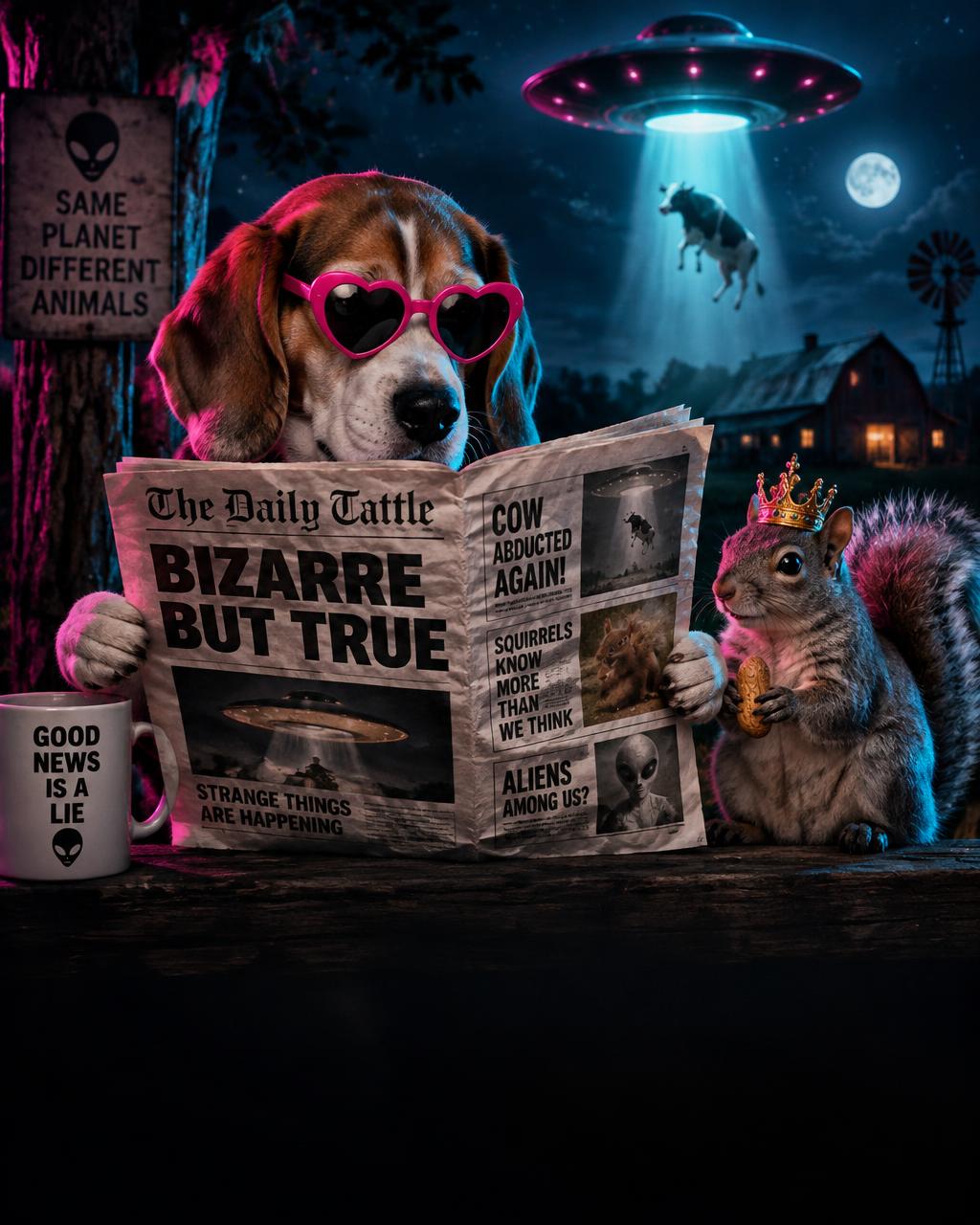 A dog in pink sunglasses reading a 'Bizarre but True' newspaper